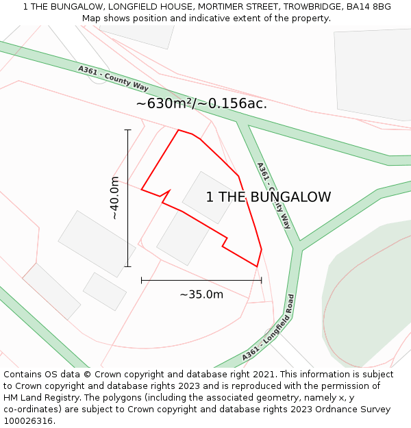 1 THE BUNGALOW, LONGFIELD HOUSE, MORTIMER STREET, TROWBRIDGE, BA14 8BG: Plot and title map