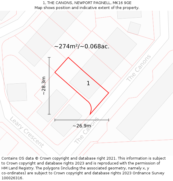 1, THE CANONS, NEWPORT PAGNELL, MK16 9GE: Plot and title map