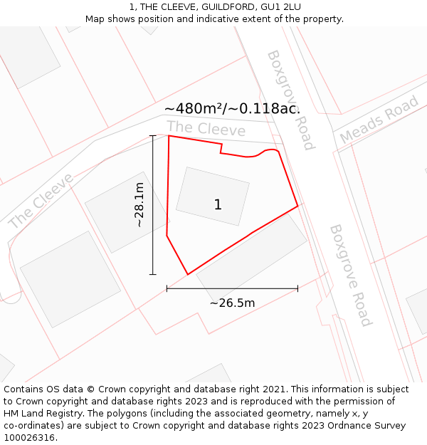 1, THE CLEEVE, GUILDFORD, GU1 2LU: Plot and title map