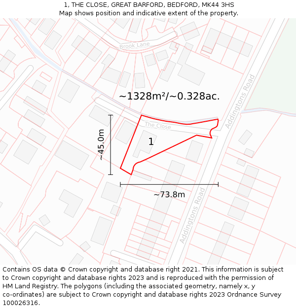 1, THE CLOSE, GREAT BARFORD, BEDFORD, MK44 3HS: Plot and title map