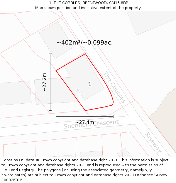 1, THE COBBLES, BRENTWOOD, CM15 8BP: Plot and title map