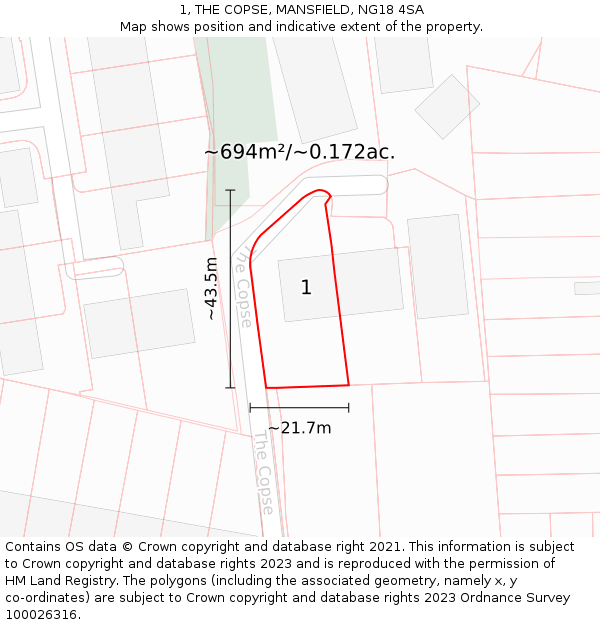 1, THE COPSE, MANSFIELD, NG18 4SA: Plot and title map