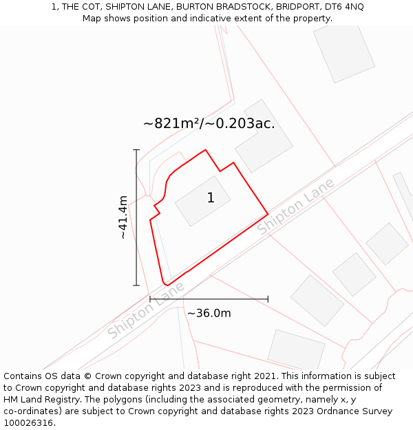 1, THE COT, SHIPTON LANE, BURTON BRADSTOCK, BRIDPORT, DT6 4NQ: Plot and title map