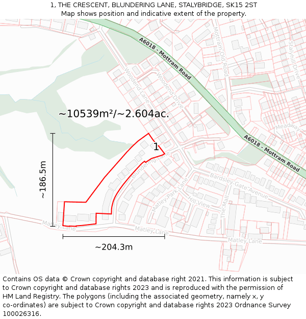 1, THE CRESCENT, BLUNDERING LANE, STALYBRIDGE, SK15 2ST: Plot and title map