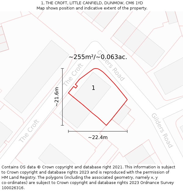 1, THE CROFT, LITTLE CANFIELD, DUNMOW, CM6 1YD: Plot and title map