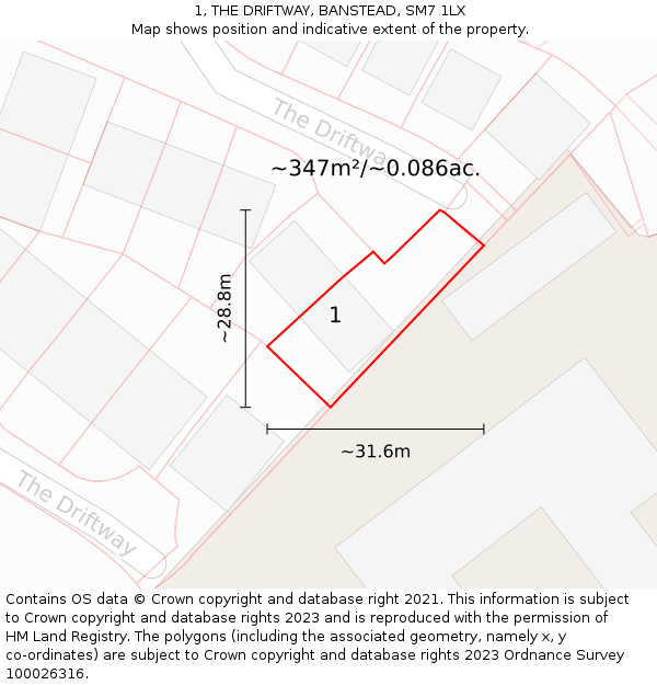 1, THE DRIFTWAY, BANSTEAD, SM7 1LX: Plot and title map