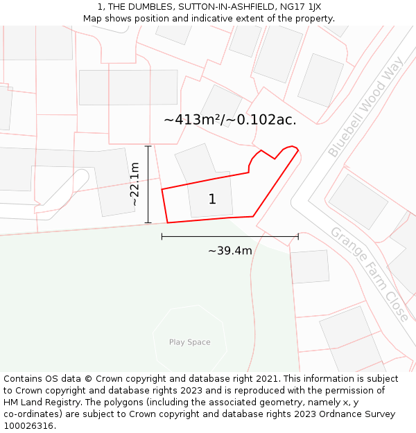 1, THE DUMBLES, SUTTON-IN-ASHFIELD, NG17 1JX: Plot and title map