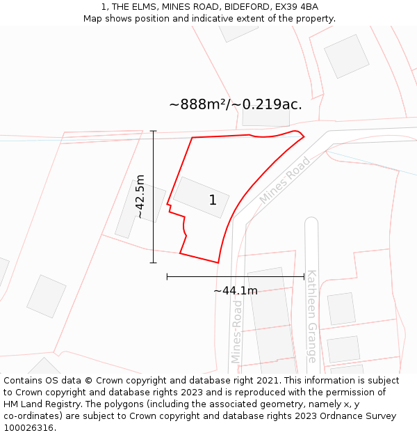 1, THE ELMS, MINES ROAD, BIDEFORD, EX39 4BA: Plot and title map