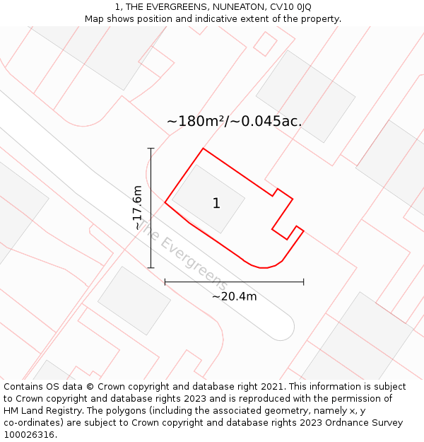 1, THE EVERGREENS, NUNEATON, CV10 0JQ: Plot and title map