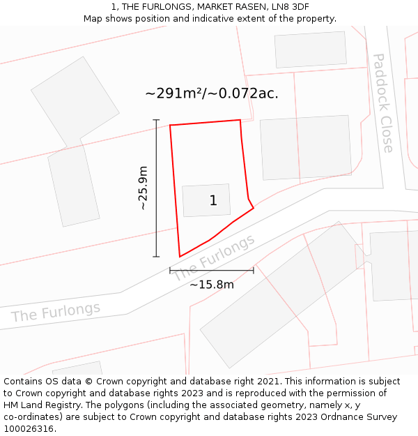 1, THE FURLONGS, MARKET RASEN, LN8 3DF: Plot and title map