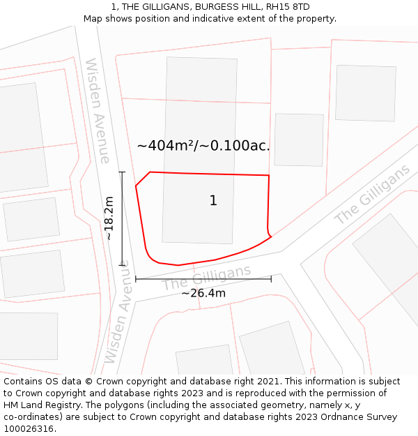 1, THE GILLIGANS, BURGESS HILL, RH15 8TD: Plot and title map