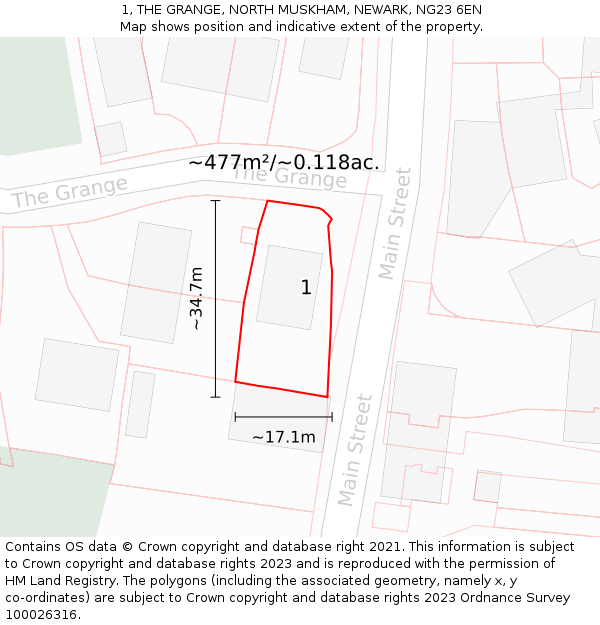 1, THE GRANGE, NORTH MUSKHAM, NEWARK, NG23 6EN: Plot and title map