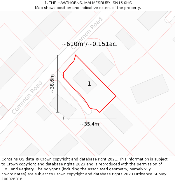 1, THE HAWTHORNS, MALMESBURY, SN16 0HS: Plot and title map