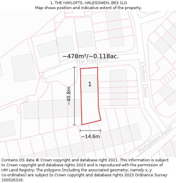 1, THE HAYLOFTS, HALESOWEN, B63 1LG: Plot and title map