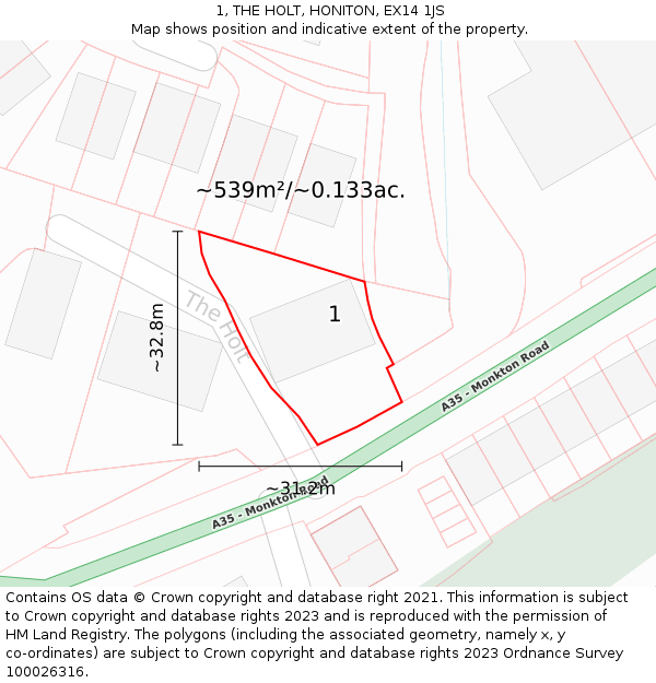 1, THE HOLT, HONITON, EX14 1JS: Plot and title map