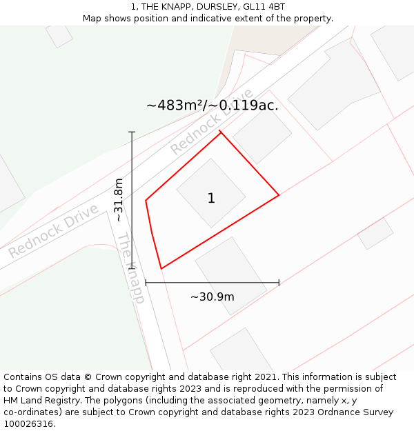 1, THE KNAPP, DURSLEY, GL11 4BT: Plot and title map