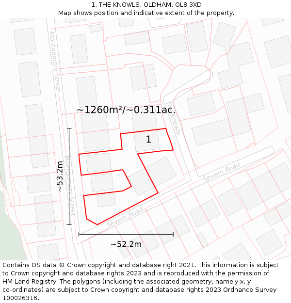 1, THE KNOWLS, OLDHAM, OL8 3XD: Plot and title map