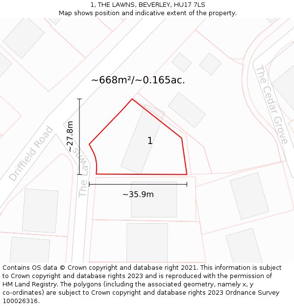 1, THE LAWNS, BEVERLEY, HU17 7LS: Plot and title map