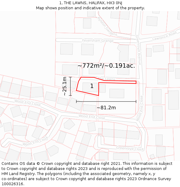 1, THE LAWNS, HALIFAX, HX3 0NJ: Plot and title map