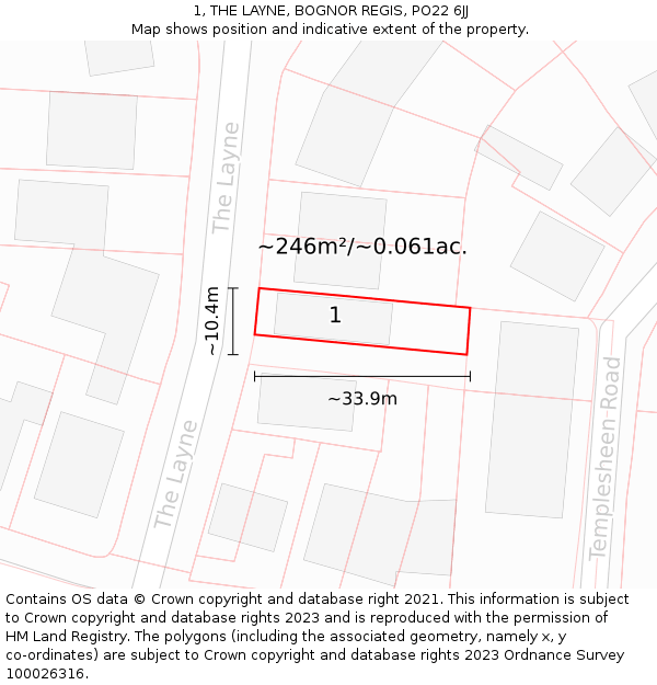 1, THE LAYNE, BOGNOR REGIS, PO22 6JJ: Plot and title map