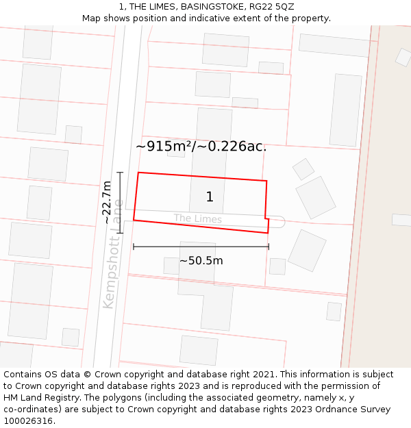 1, THE LIMES, BASINGSTOKE, RG22 5QZ: Plot and title map