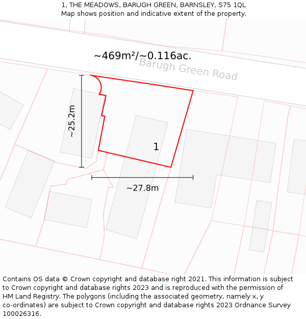 1, THE MEADOWS, BARUGH GREEN, BARNSLEY, S75 1QL: Plot and title map