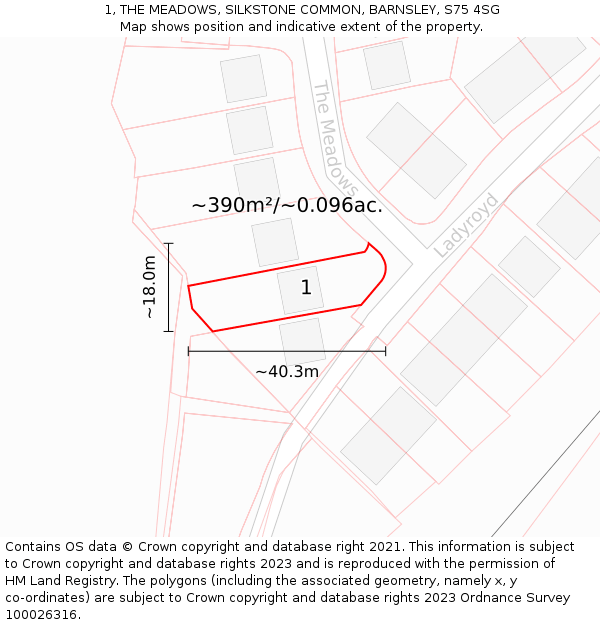 1, THE MEADOWS, SILKSTONE COMMON, BARNSLEY, S75 4SG: Plot and title map