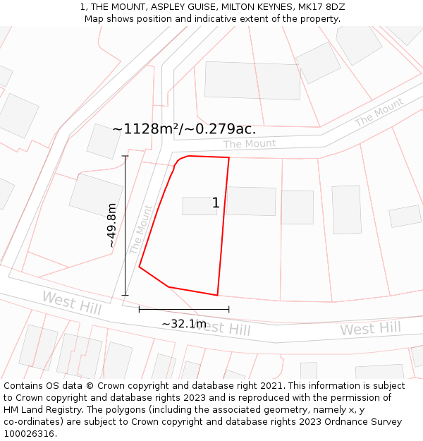 1, THE MOUNT, ASPLEY GUISE, MILTON KEYNES, MK17 8DZ: Plot and title map