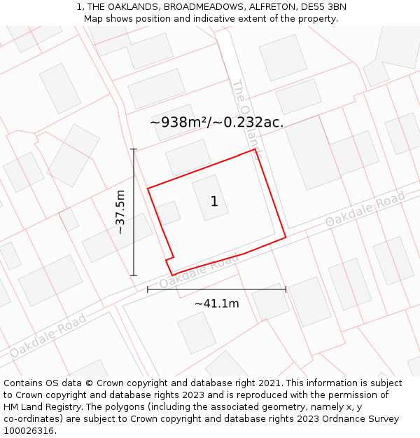 1, THE OAKLANDS, BROADMEADOWS, ALFRETON, DE55 3BN: Plot and title map