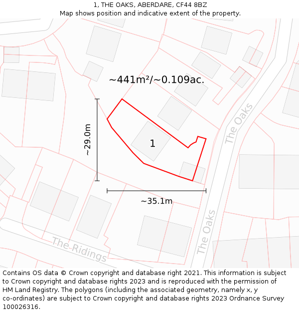 1, THE OAKS, ABERDARE, CF44 8BZ: Plot and title map