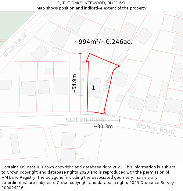 1, THE OAKS, VERWOOD, BH31 6YL: Plot and title map