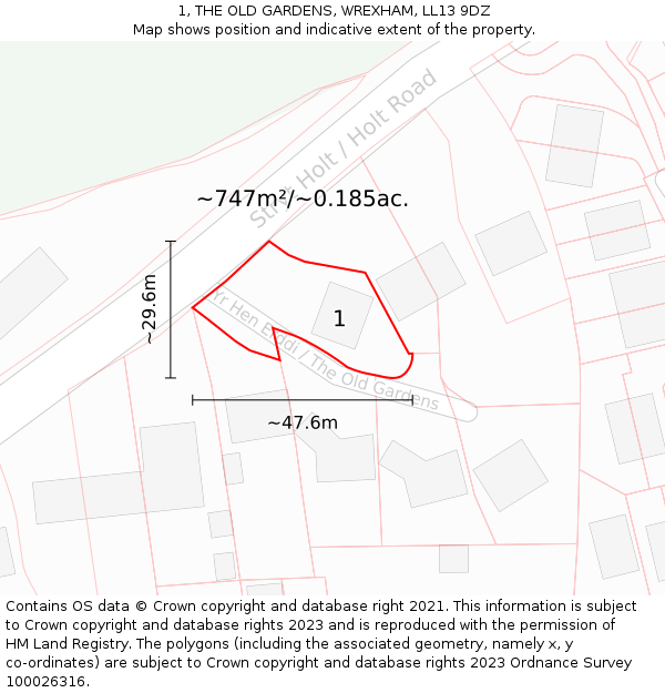 1, THE OLD GARDENS, WREXHAM, LL13 9DZ: Plot and title map