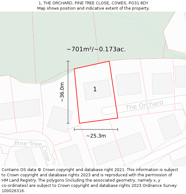 1, THE ORCHARD, PINE TREE CLOSE, COWES, PO31 8DY: Plot and title map