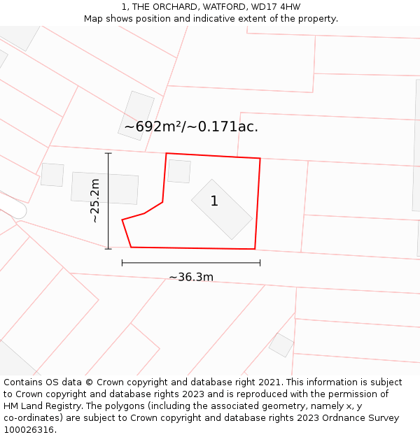1, THE ORCHARD, WATFORD, WD17 4HW: Plot and title map