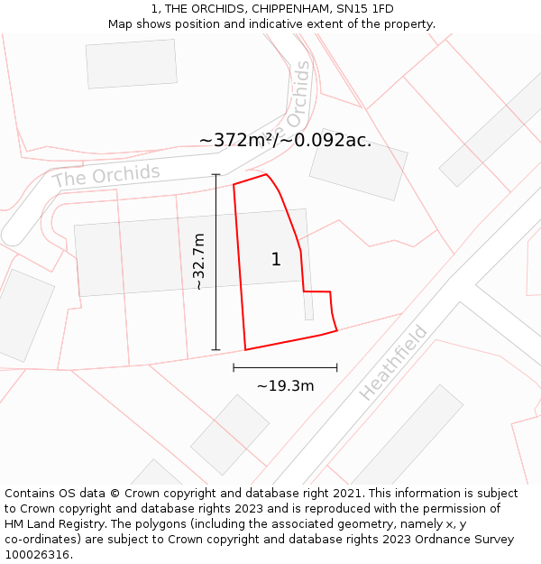 1, THE ORCHIDS, CHIPPENHAM, SN15 1FD: Plot and title map