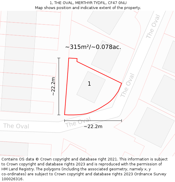 1, THE OVAL, MERTHYR TYDFIL, CF47 0NU: Plot and title map