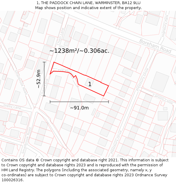 1, THE PADDOCK CHAIN LANE, WARMINSTER, BA12 9LU: Plot and title map