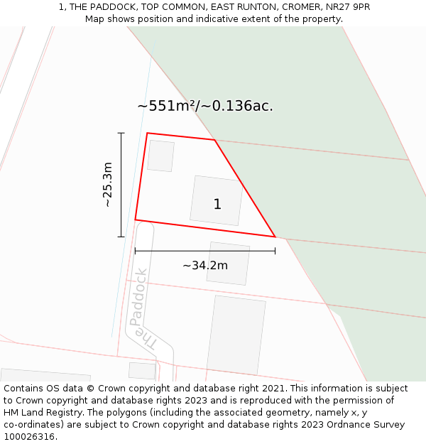 1, THE PADDOCK, TOP COMMON, EAST RUNTON, CROMER, NR27 9PR: Plot and title map