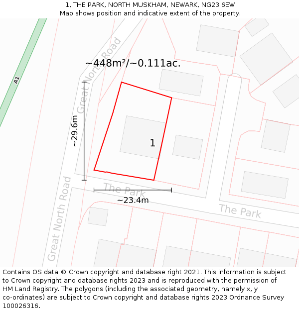 1, THE PARK, NORTH MUSKHAM, NEWARK, NG23 6EW: Plot and title map