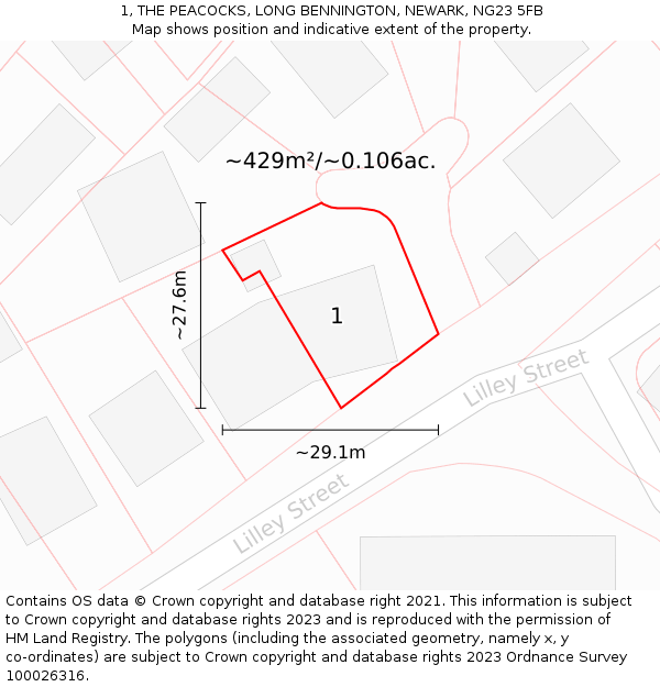 1, THE PEACOCKS, LONG BENNINGTON, NEWARK, NG23 5FB: Plot and title map