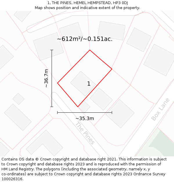 1, THE PINES, HEMEL HEMPSTEAD, HP3 0DJ: Plot and title map