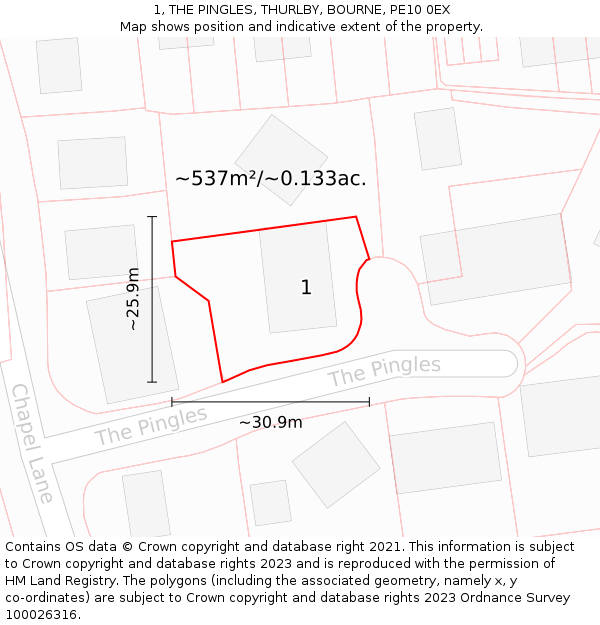 1, THE PINGLES, THURLBY, BOURNE, PE10 0EX: Plot and title map