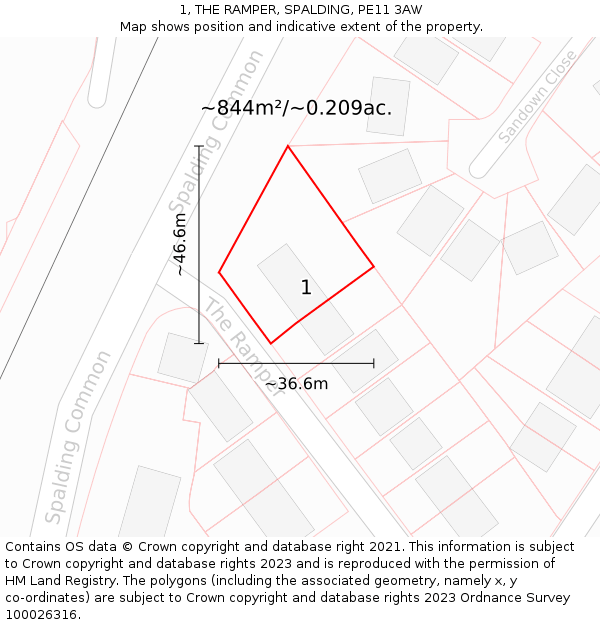 1, THE RAMPER, SPALDING, PE11 3AW: Plot and title map