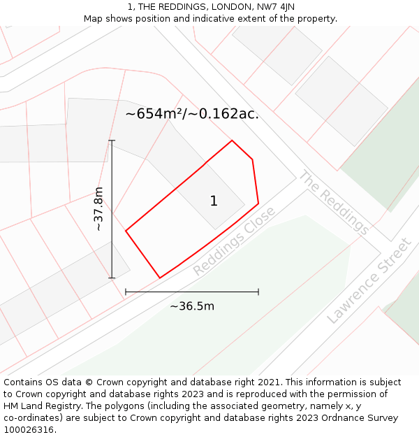 1, THE REDDINGS, LONDON, NW7 4JN: Plot and title map
