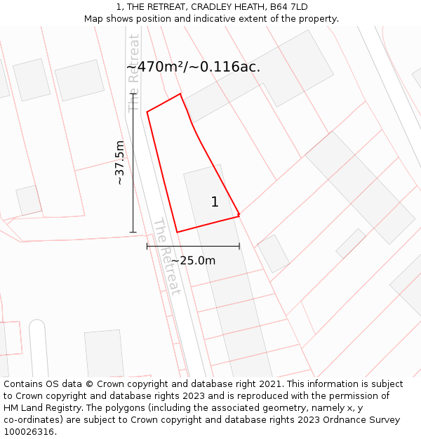 1, THE RETREAT, CRADLEY HEATH, B64 7LD: Plot and title map