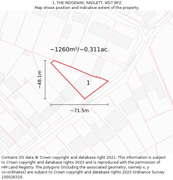 1, THE RIDGEWAY, RADLETT, WD7 8PZ: Plot and title map