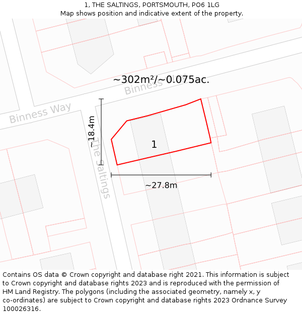 1, THE SALTINGS, PORTSMOUTH, PO6 1LG: Plot and title map