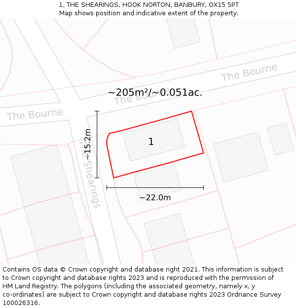 1, THE SHEARINGS, HOOK NORTON, BANBURY, OX15 5PT: Plot and title map