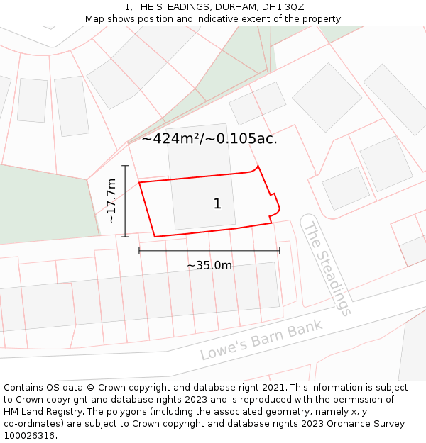 1, THE STEADINGS, DURHAM, DH1 3QZ: Plot and title map