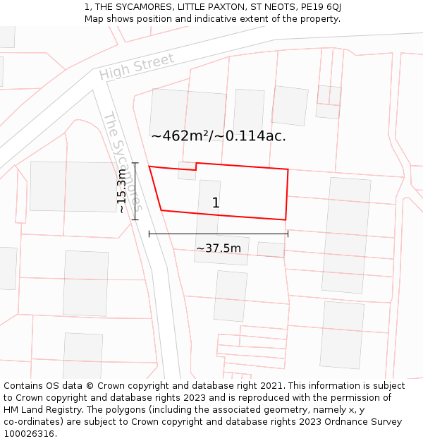 1, THE SYCAMORES, LITTLE PAXTON, ST NEOTS, PE19 6QJ: Plot and title map